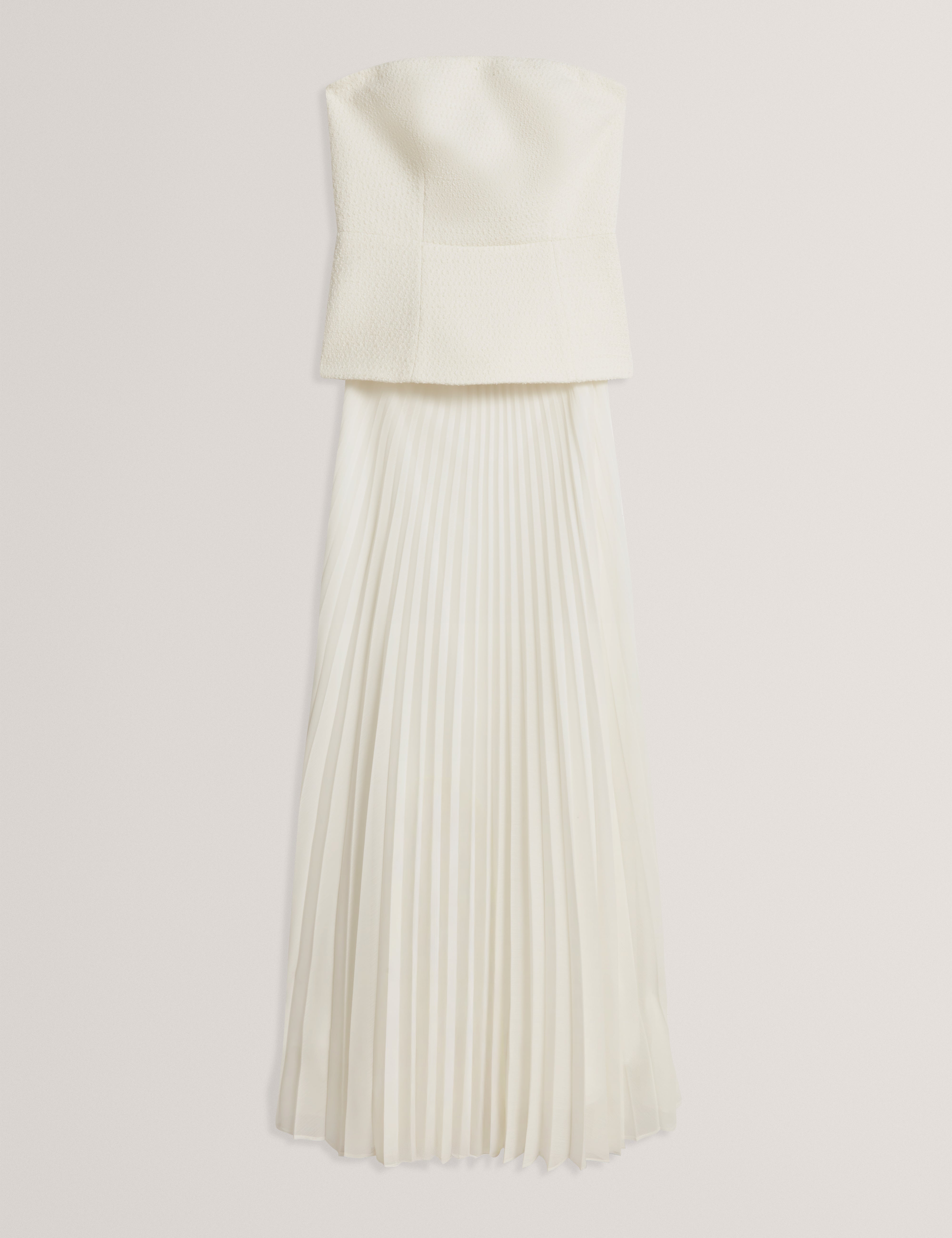 RADDIM: Strapless Boucle Top Pleated Maxi Dress