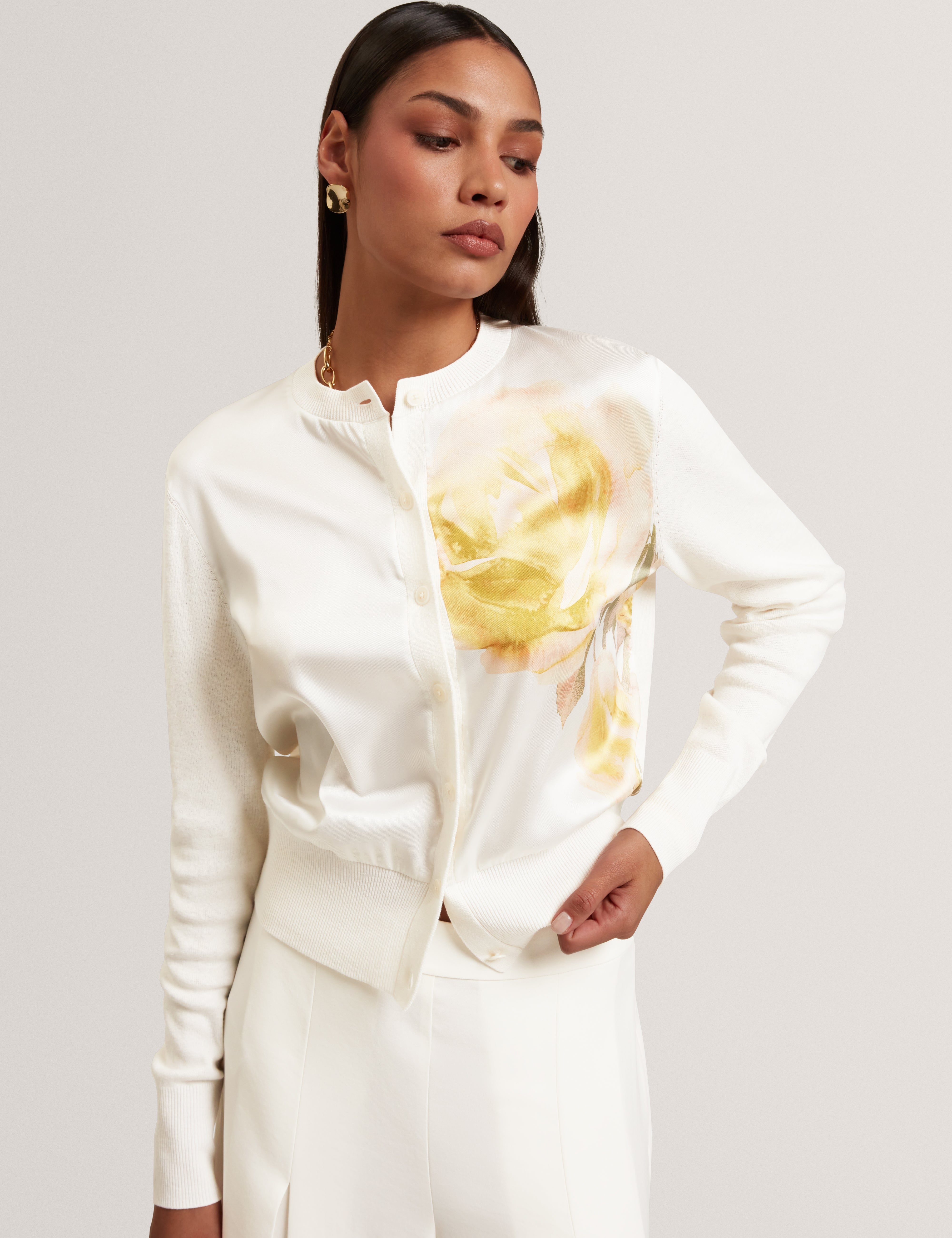 ISALDA: Printed Woven Front Cardigan