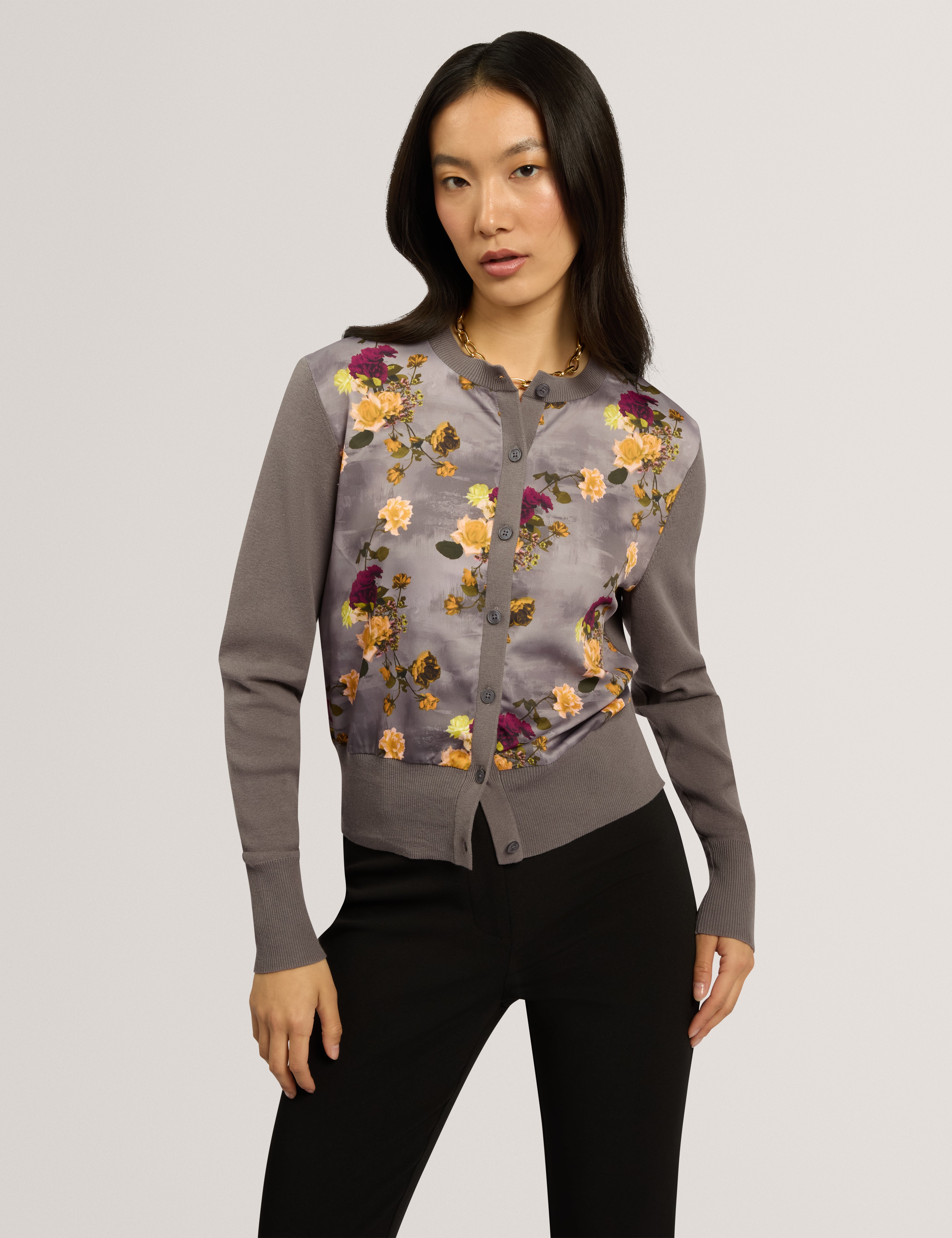 ROSALAH: Floral Printed Woven Front Cardigan