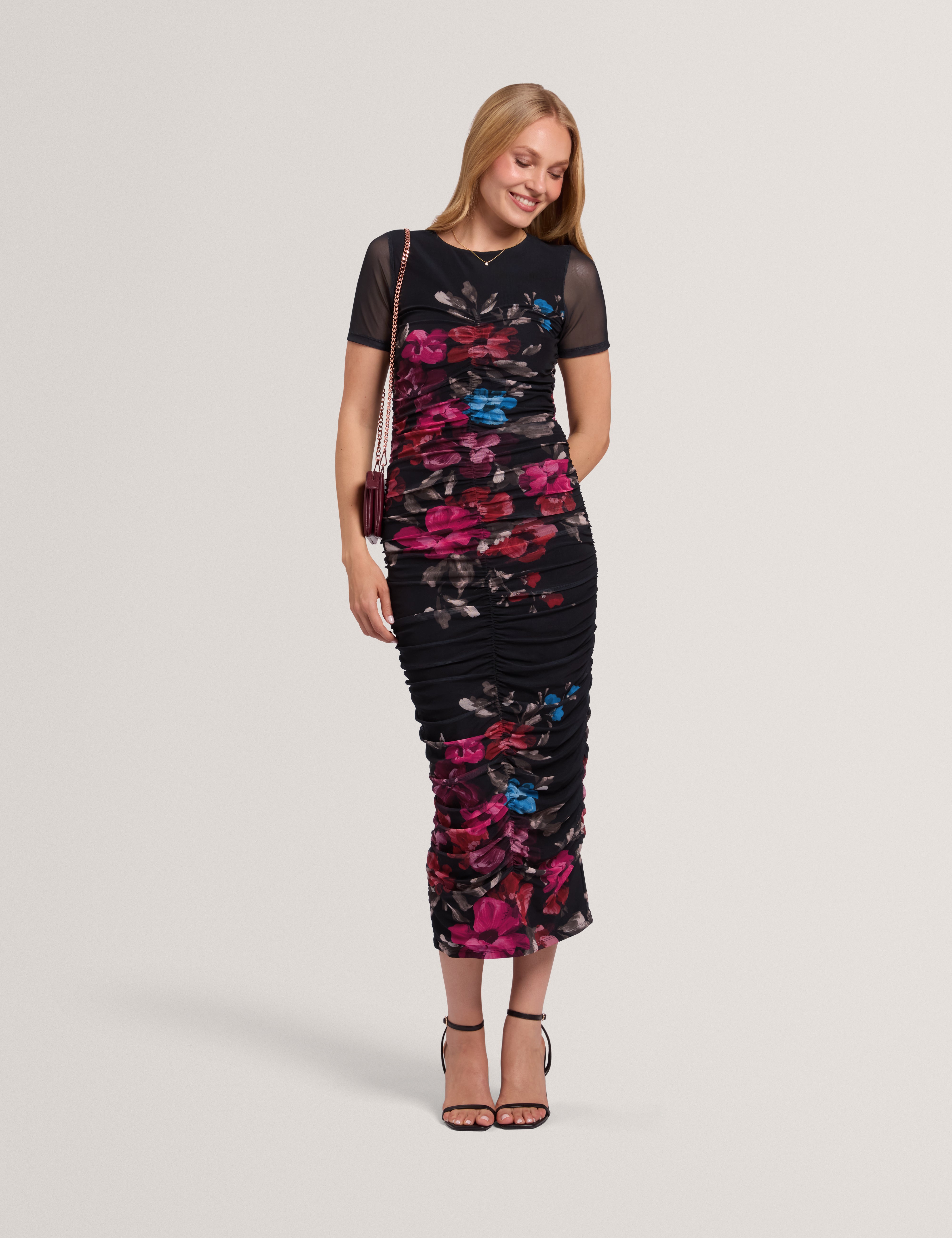 SOFIRA: Floral Print Ruched Bodycon Midi Dress