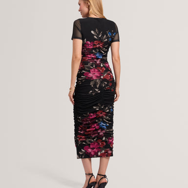 SOFIRA: Floral Print Ruched Bodycon Midi Dress