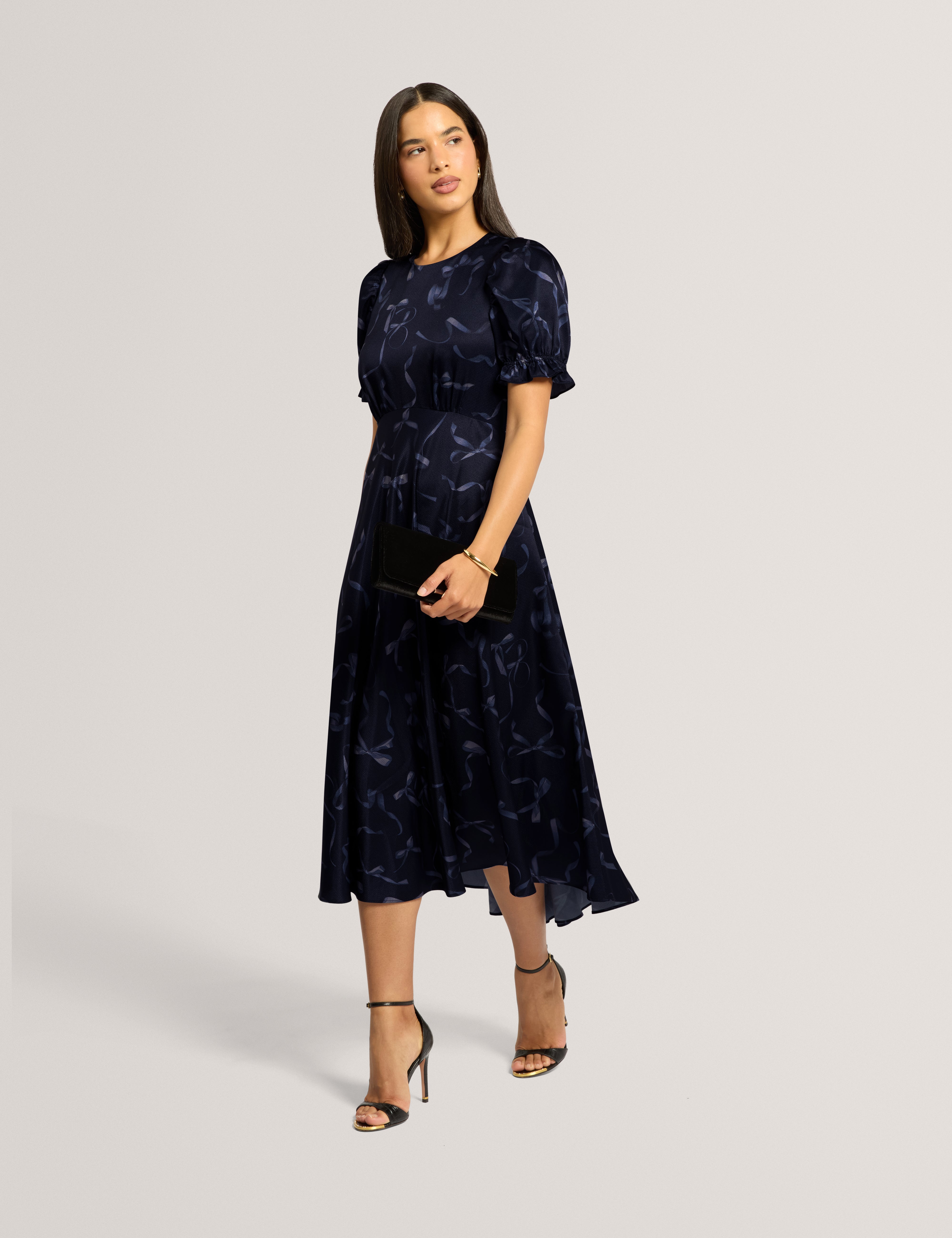 GRATIA: Bow Print Puff Sleeve Midi Dress