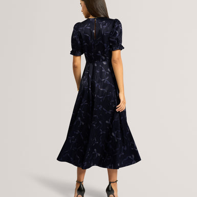 GRATIA: Bow Print Puff Sleeve Midi Dress