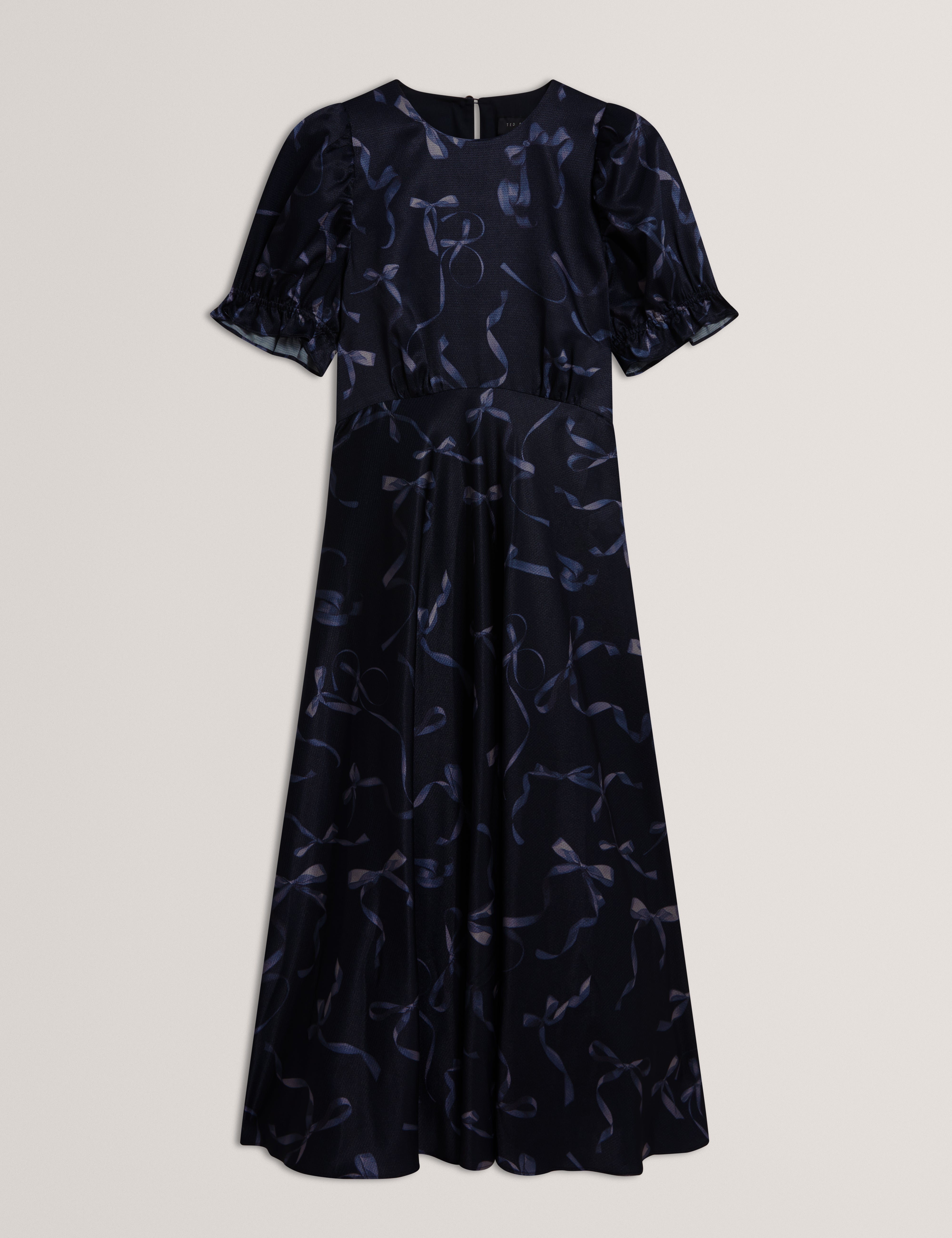 GRATIA: Bow Print Puff Sleeve Midi Dress