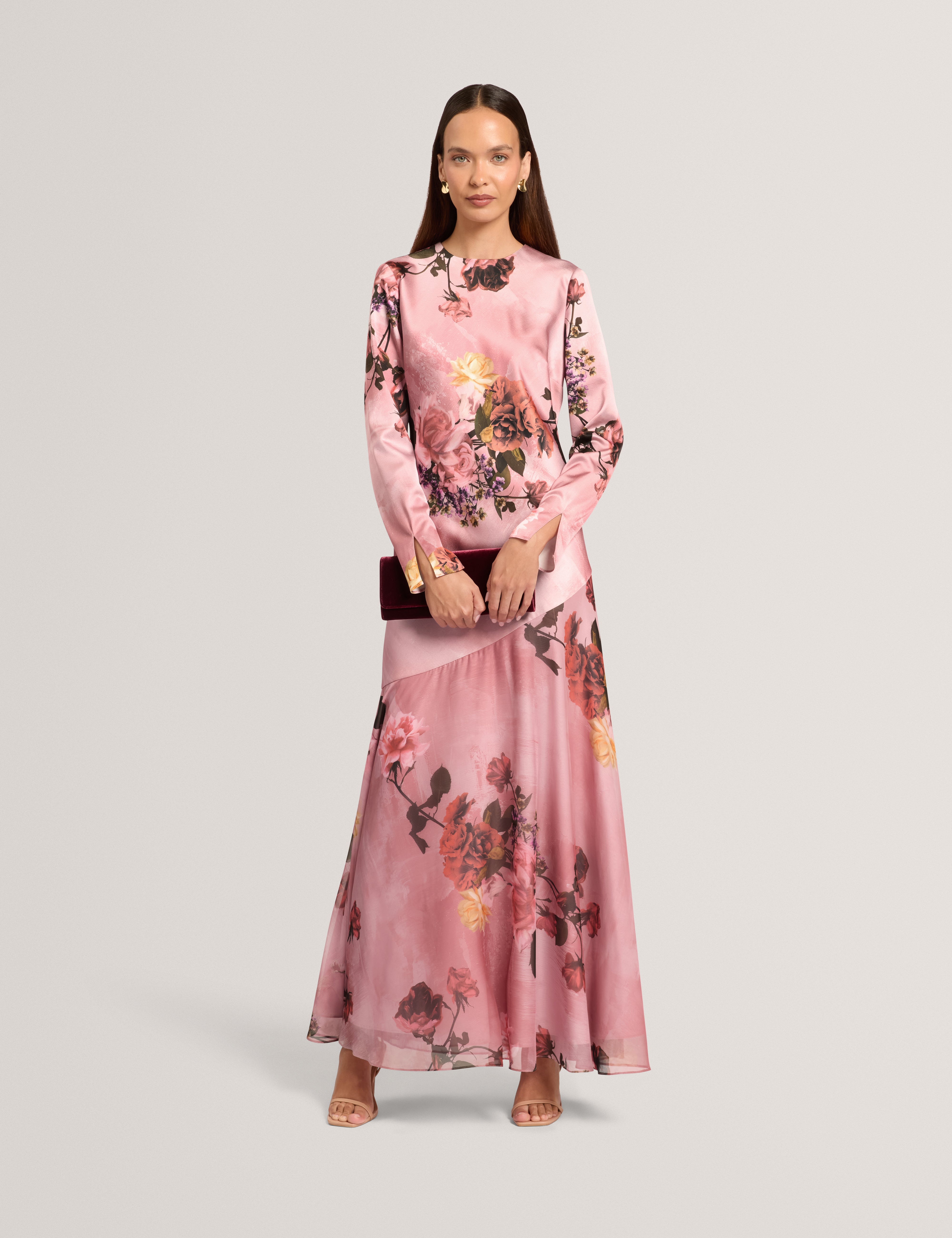 ISCHIA: Long Sleeve Diagonal Waist Seam Maxi Dress