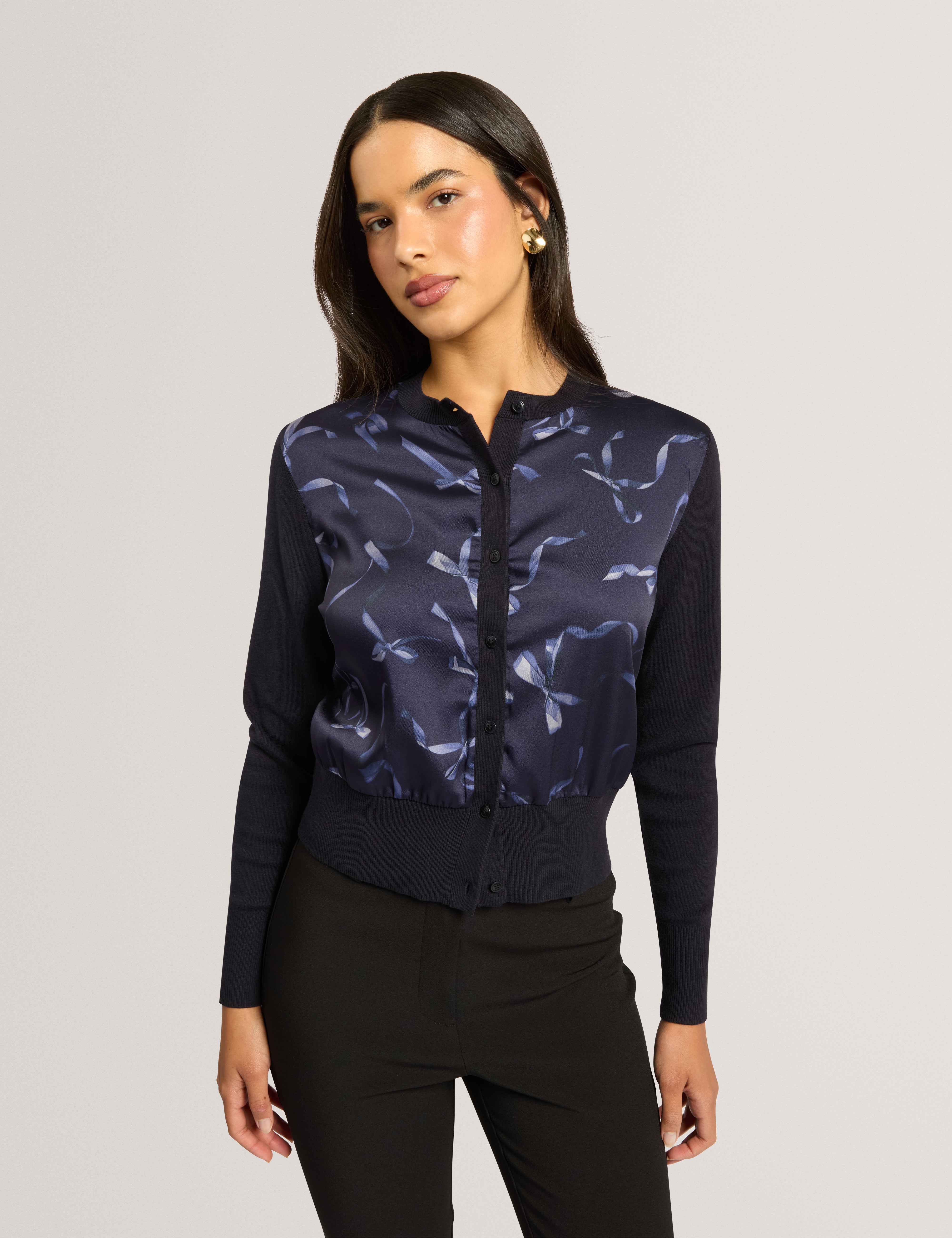 TAYANA: Printed Woven Front Cardigan