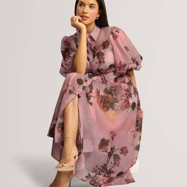 INDYAH: Puff Sleeve Printed Midi Shirt Dress