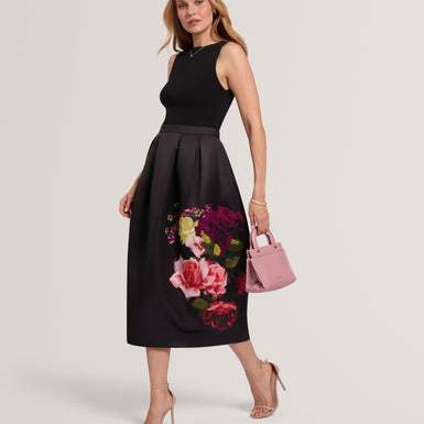 VENELLA: Mockable Midi Dress With Tulip Printed Skirt
