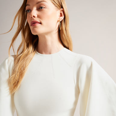 Women's Lounia-Fluted Sleeve Knit Bodycon Midi Dress White