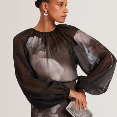 PLAAZA: Puff Sleeve Blouse With Organza Overlay