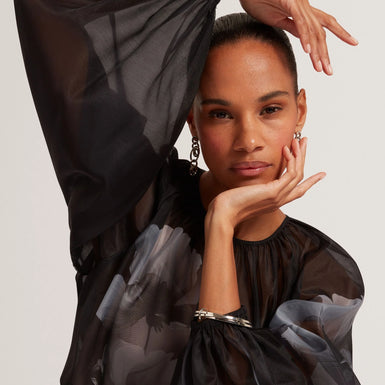 PLAAZA: Puff Sleeve Blouse With Organza Overlay