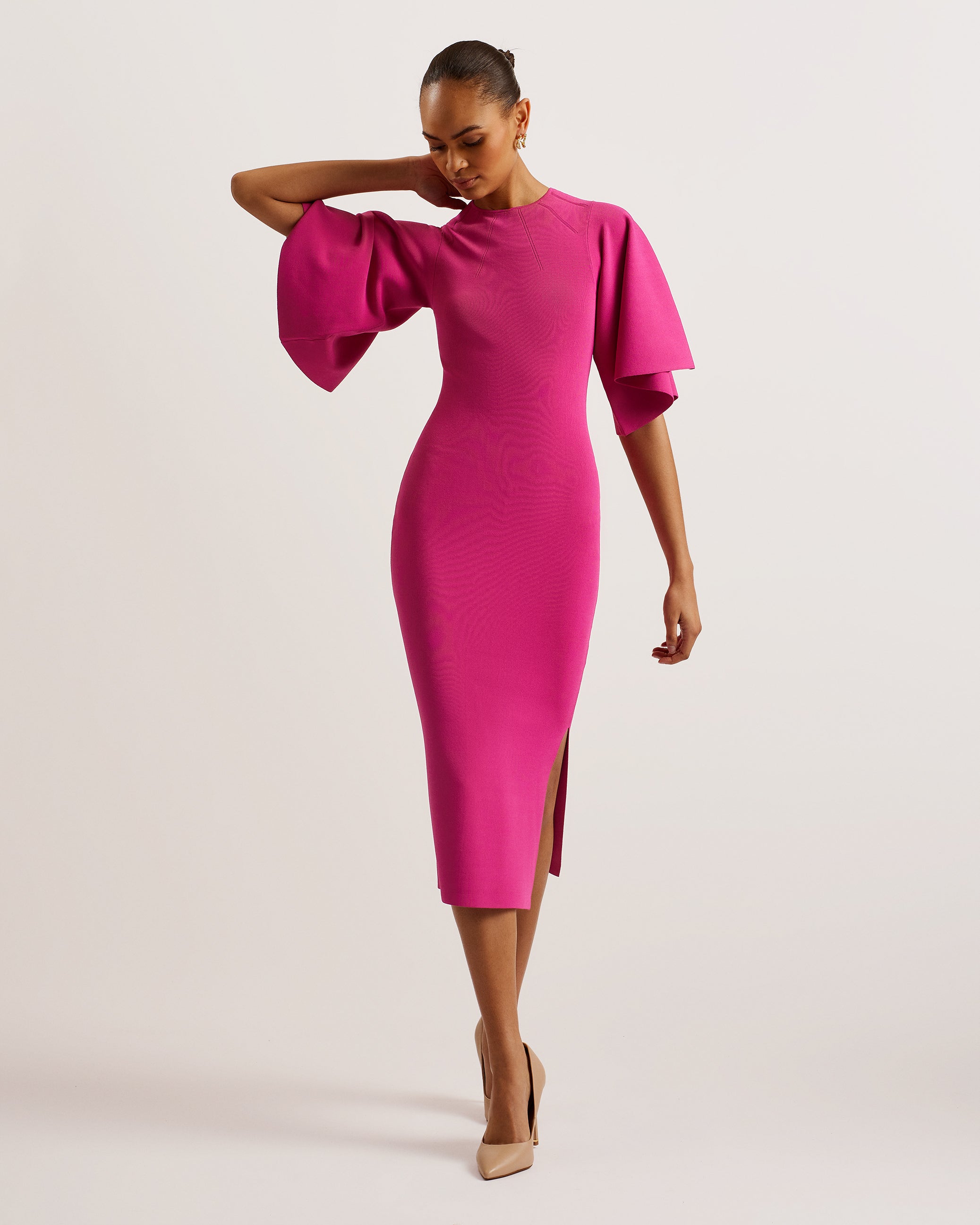 Women's Lounia-Fluted Sleeve Knit Bodycon Midi Dress Brt-Pink