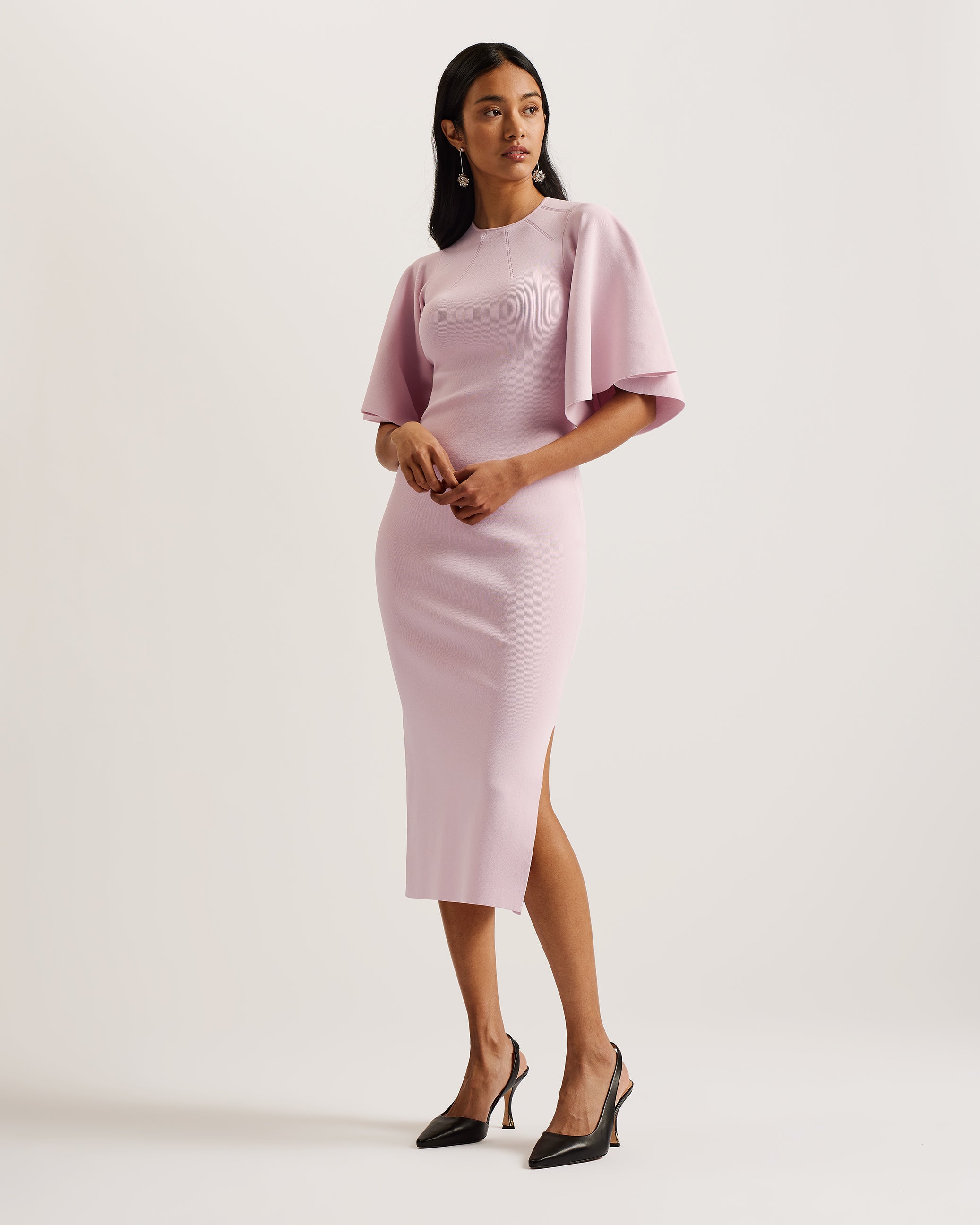 Women's Lounia-Fluted Sleeve Knit Bodycon Midi Dress Lt-Pink