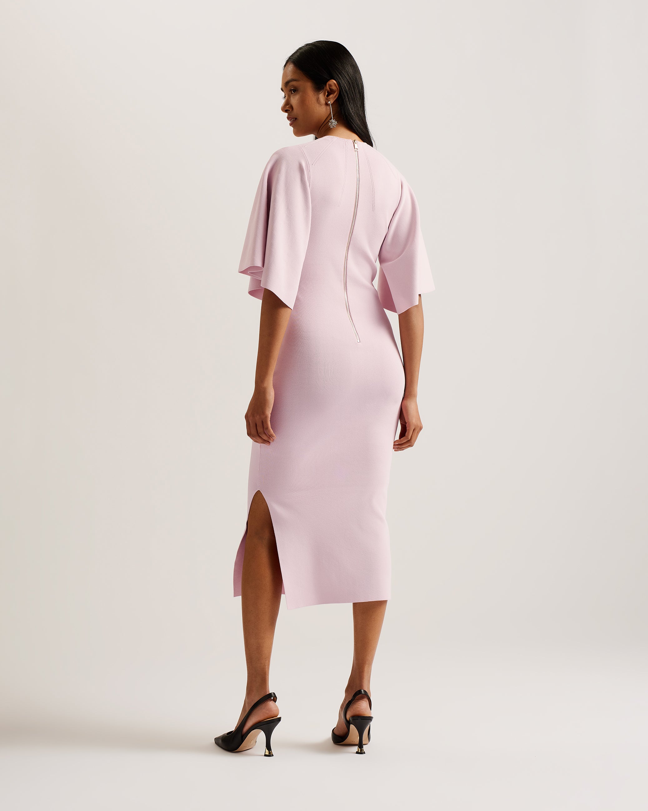 lounia fluted sleeve knitted bodycon midi dress Ted Baker Lounia Fluted-sleeved Bodycon Stretch-knit Midi Dress in Pink