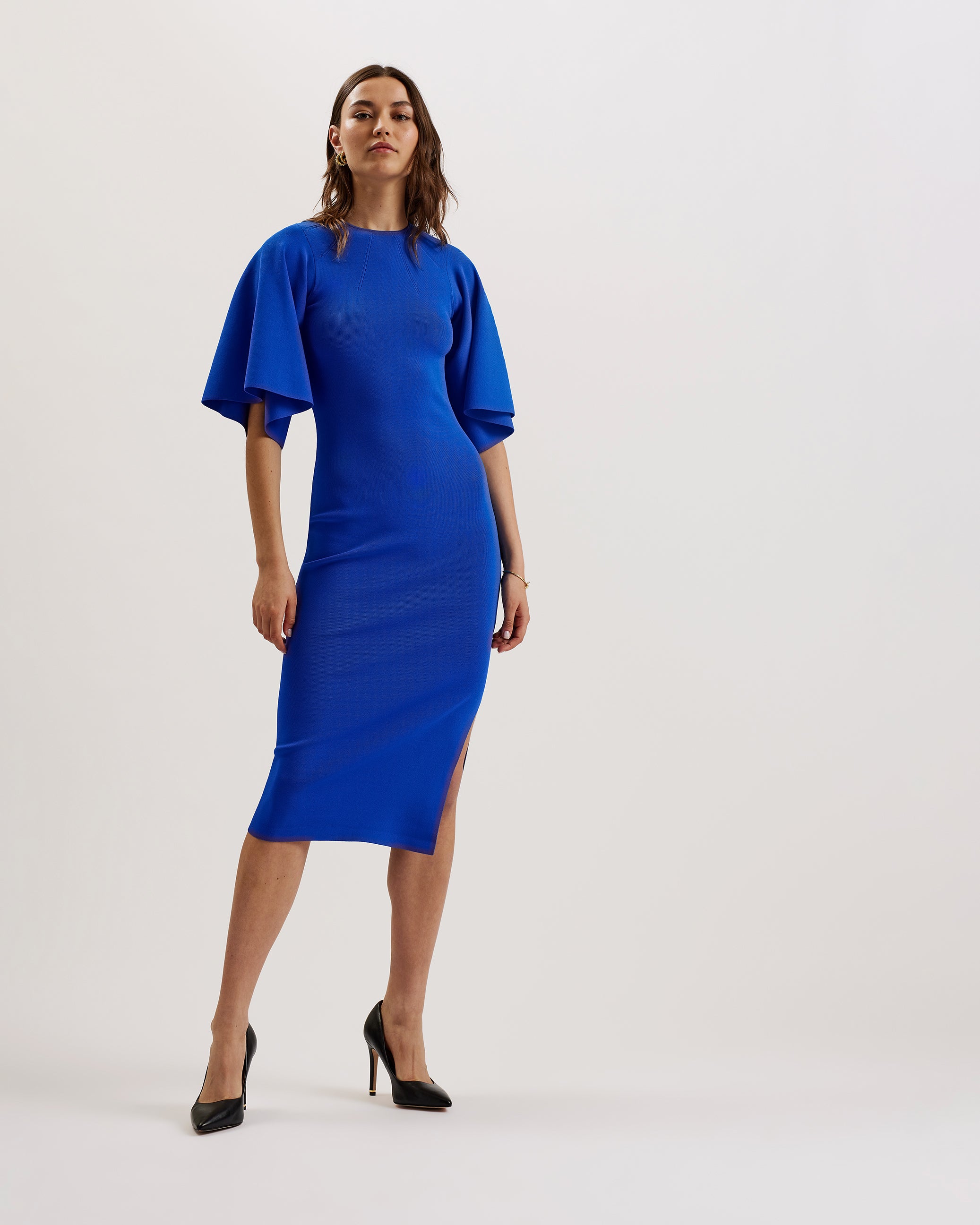 Women's Lounia-Fluted Sleeve Knit Bodycon Midi Dress Mid-Blue