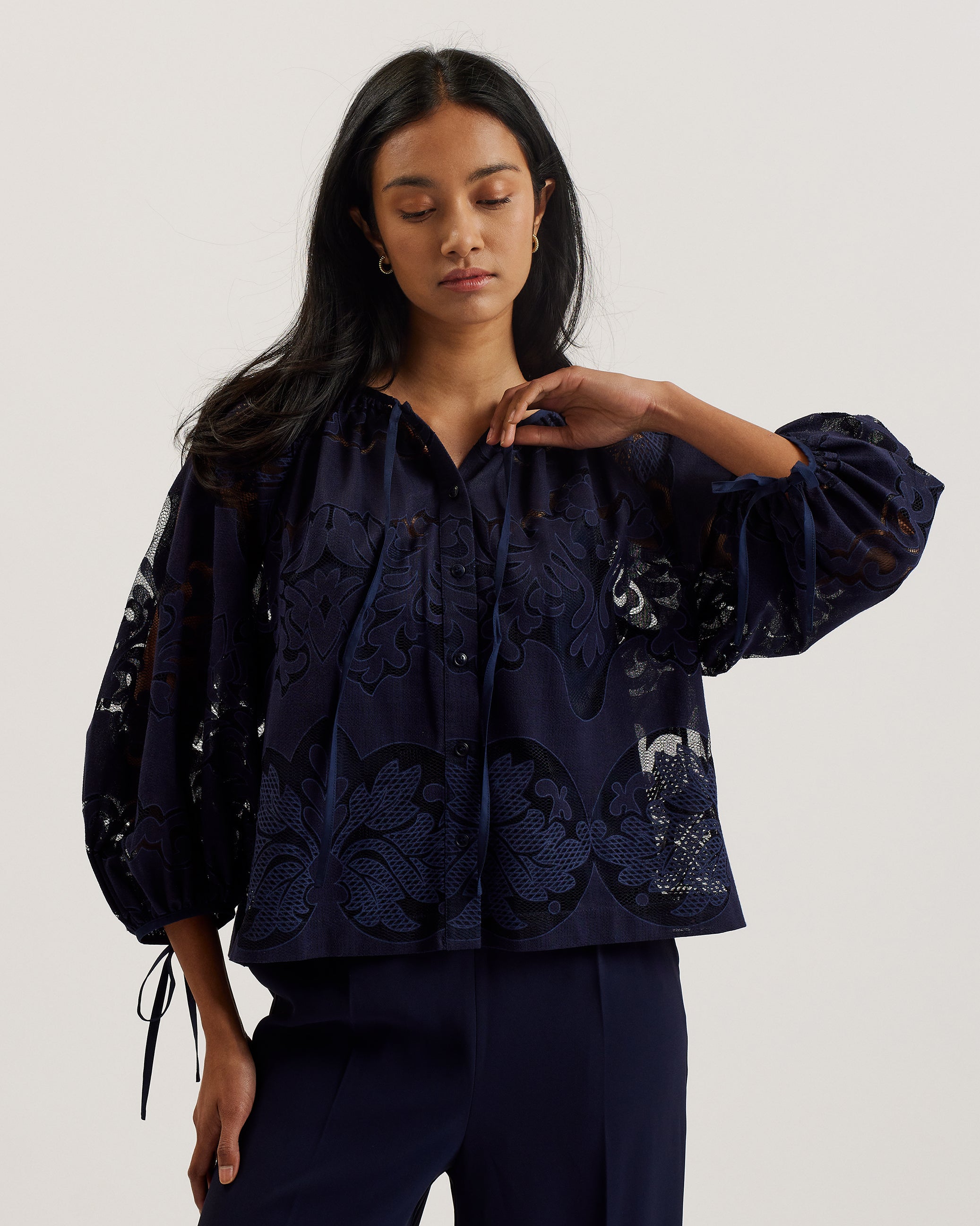 Women's Bacina-Lace Puff Sleeve Blouse Dk-Blue
