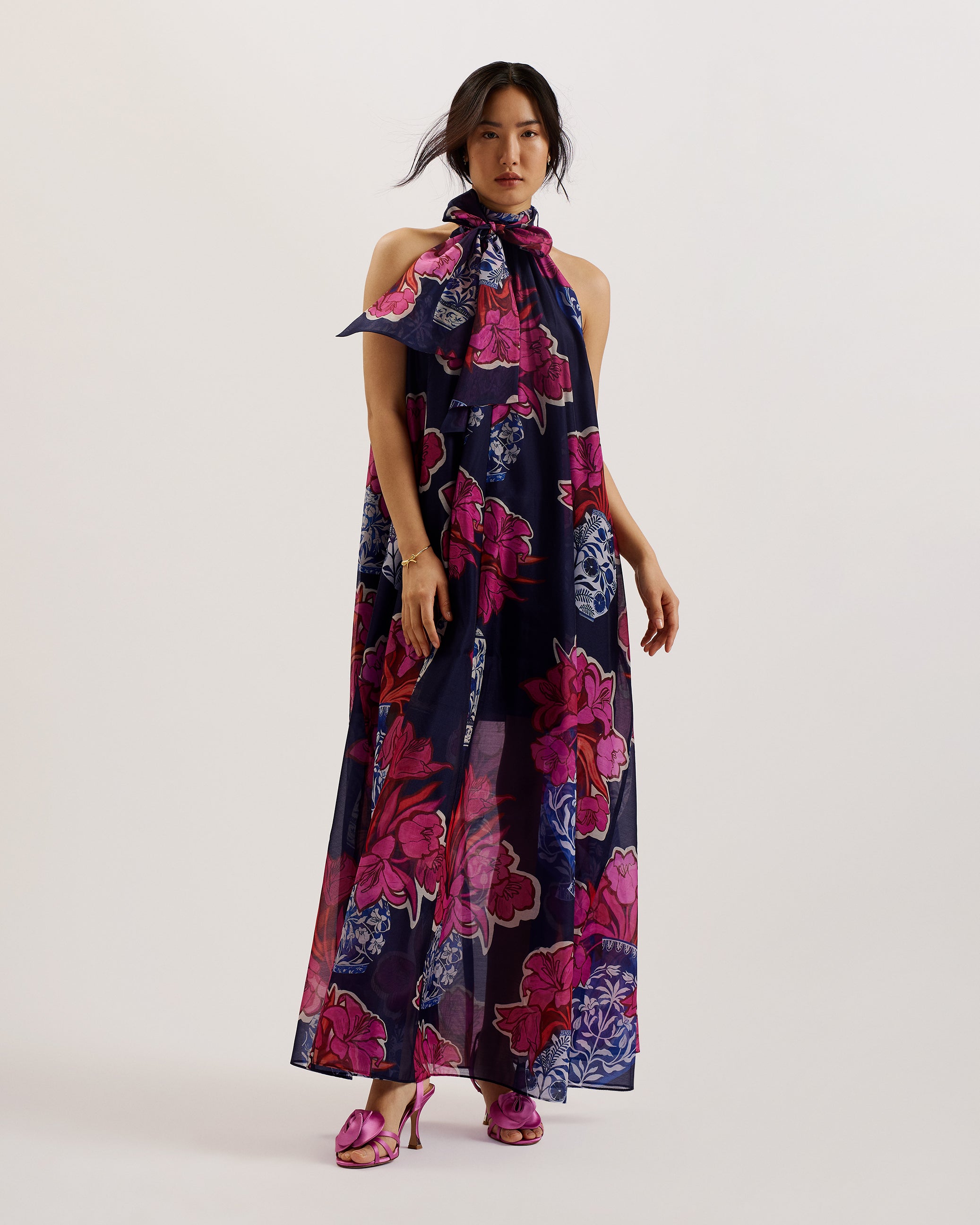 Women's Kinosei-Printed Organza Maxi Dress & Tie Dk-Blue