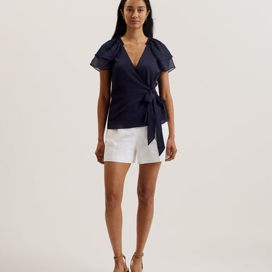 Women's Nobora-Short Sleeve Frill Detail Wrap Top Dk-Blue