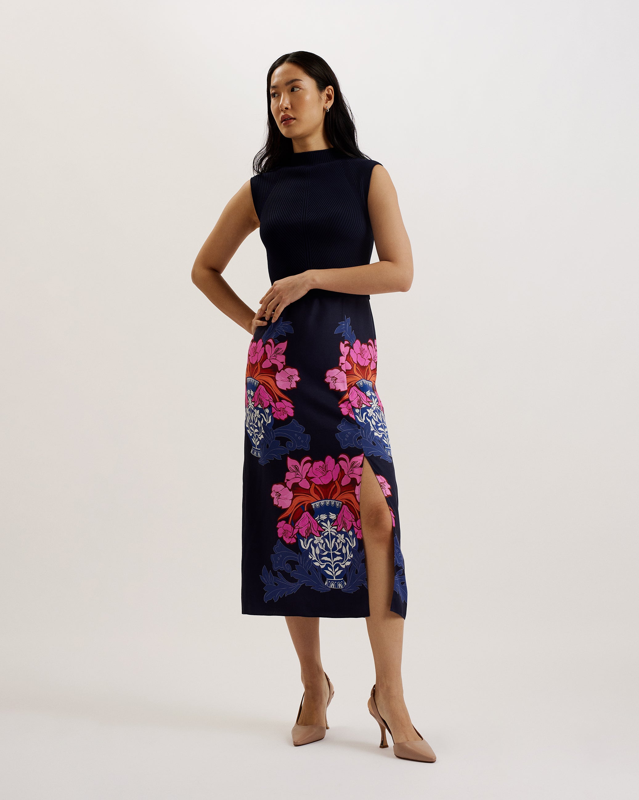 Women's Valais-Knitted Bodice Woven Skirt Printed Dk-Blue