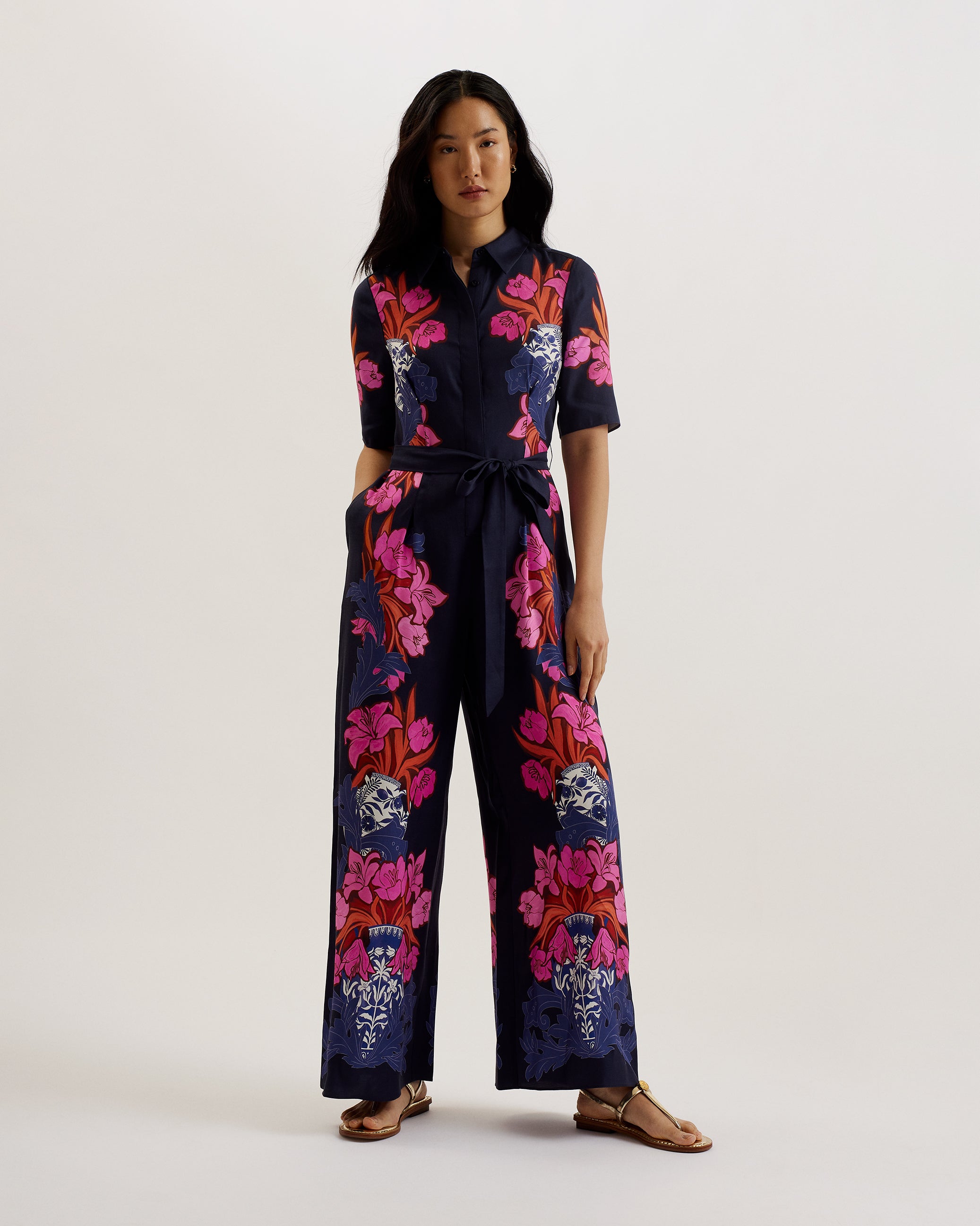 Women's Kimmyko-Open Collar Wide Leg Jumpsuit & Belt Dk-Blue