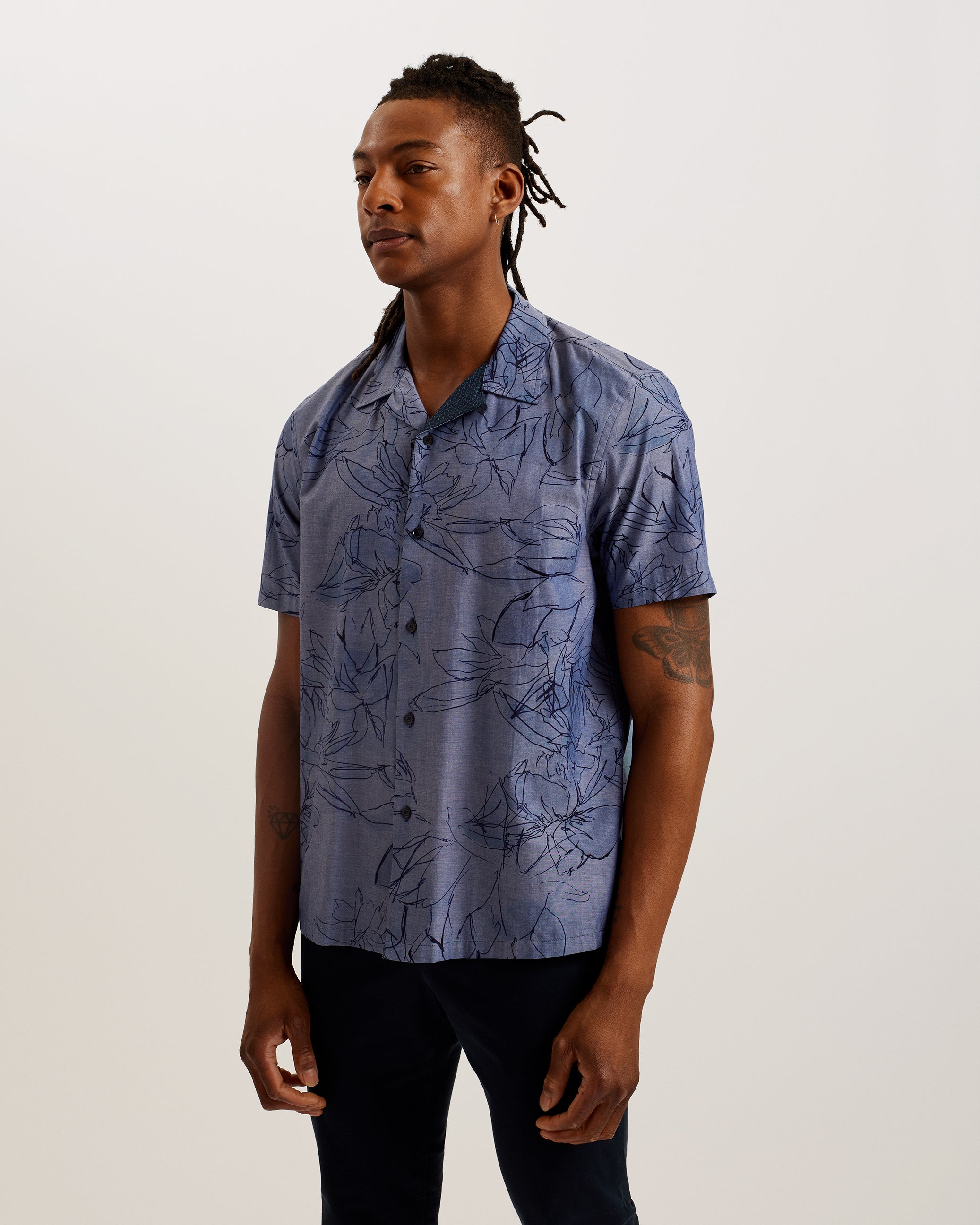 Men's Terroni-Ss Regular Chambray Floral Shirt Dk-Blue