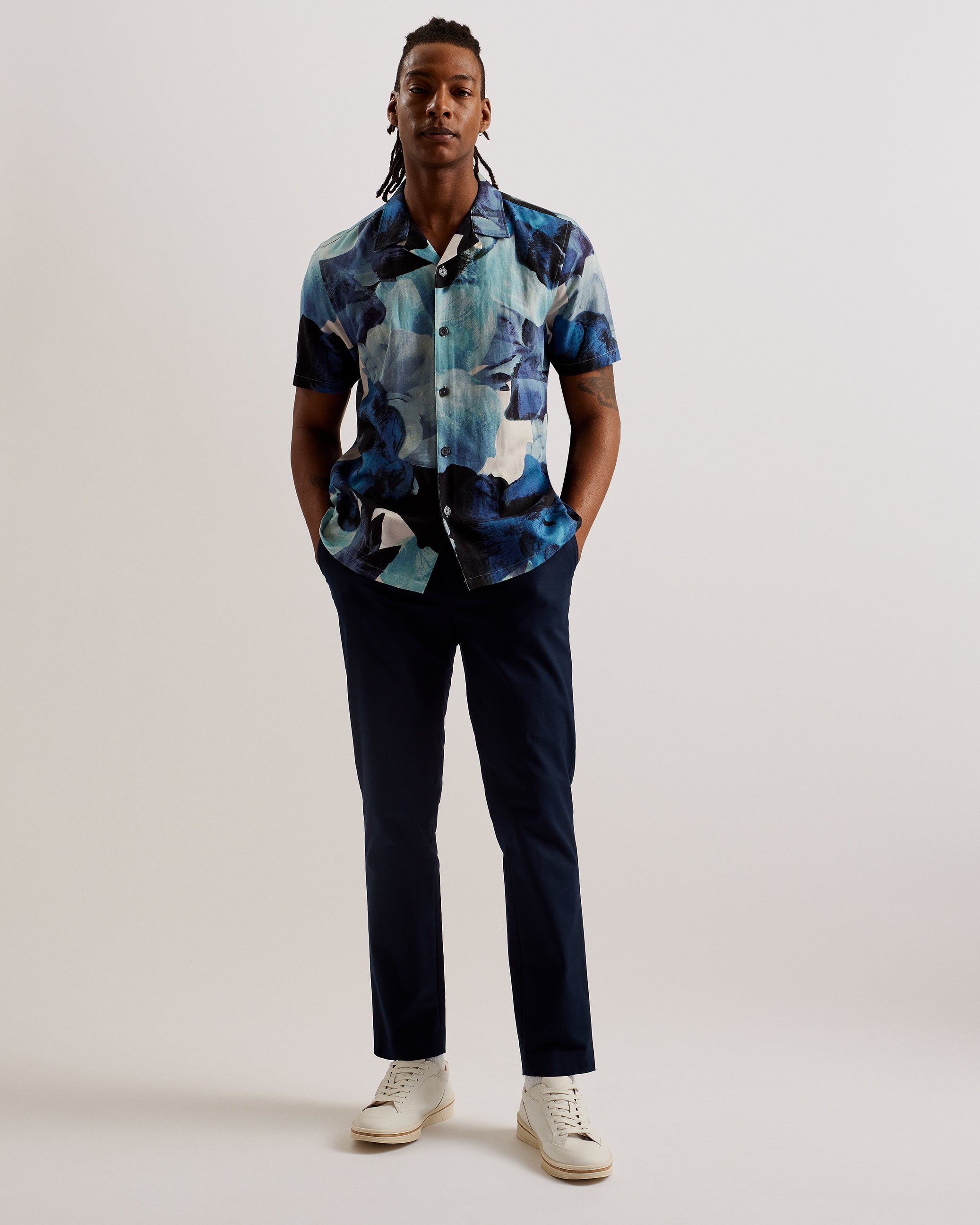 Men's Henris-Ss Relaxed Linen Blend Floral Shirt Blue