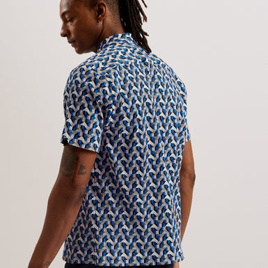 Men's Gastons-Relaxed Seersucker Geo Print Shirt Blue