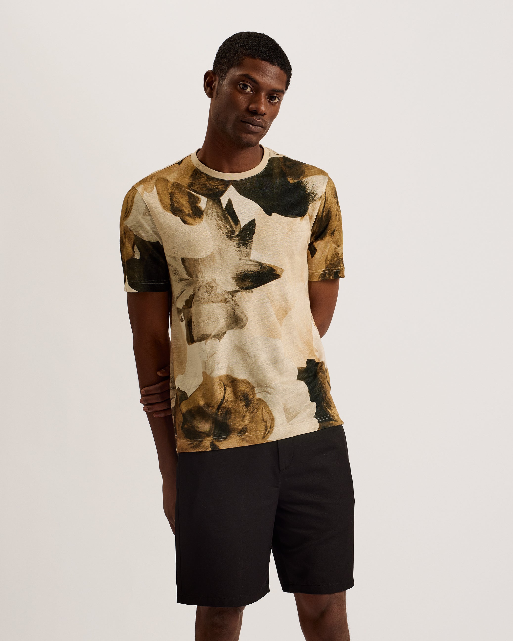 Men's Landly-Ss Regular Printed Linen T-Shirt Natural