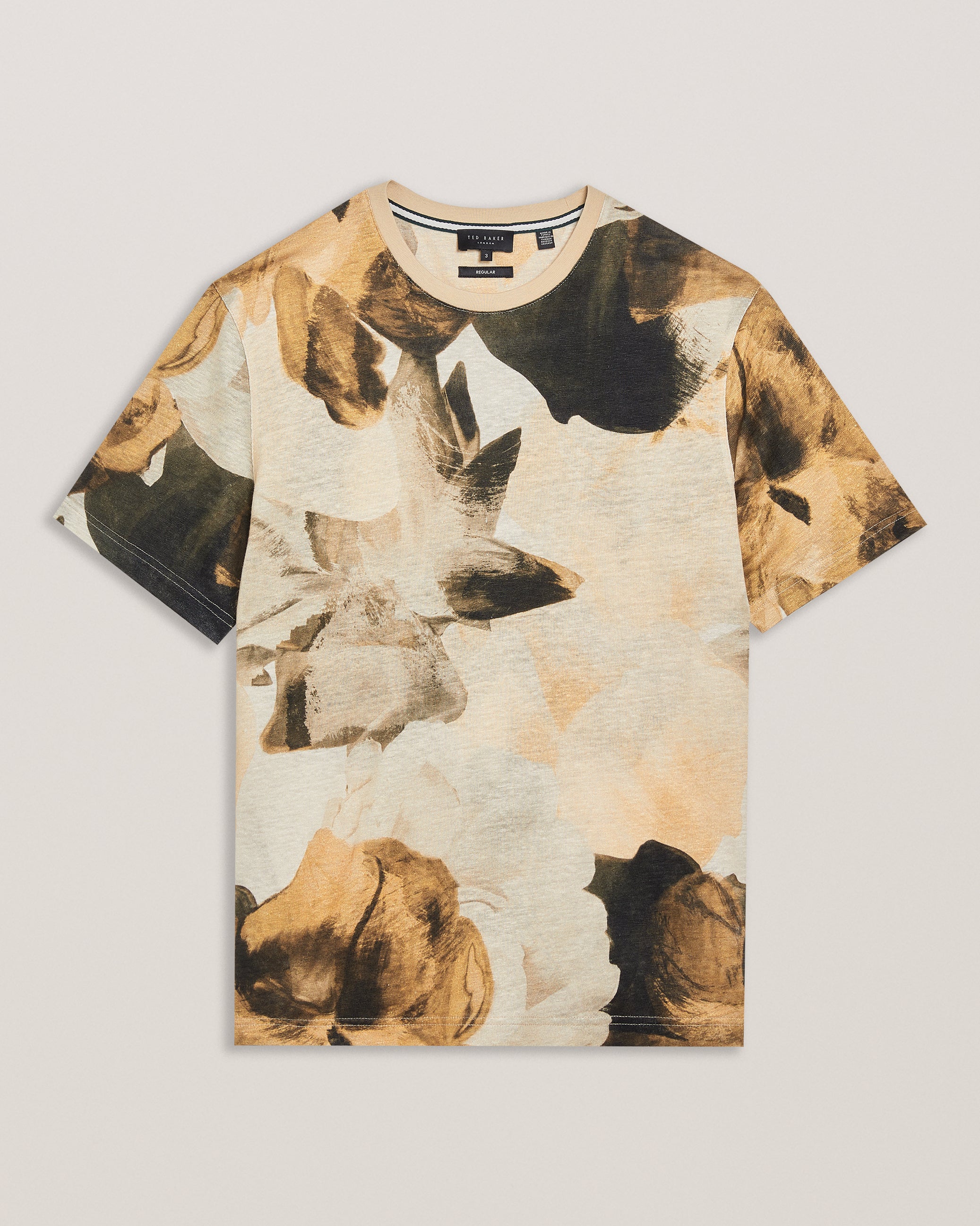 Men's Landly-Ss Regular Printed Linen T-Shirt Natural