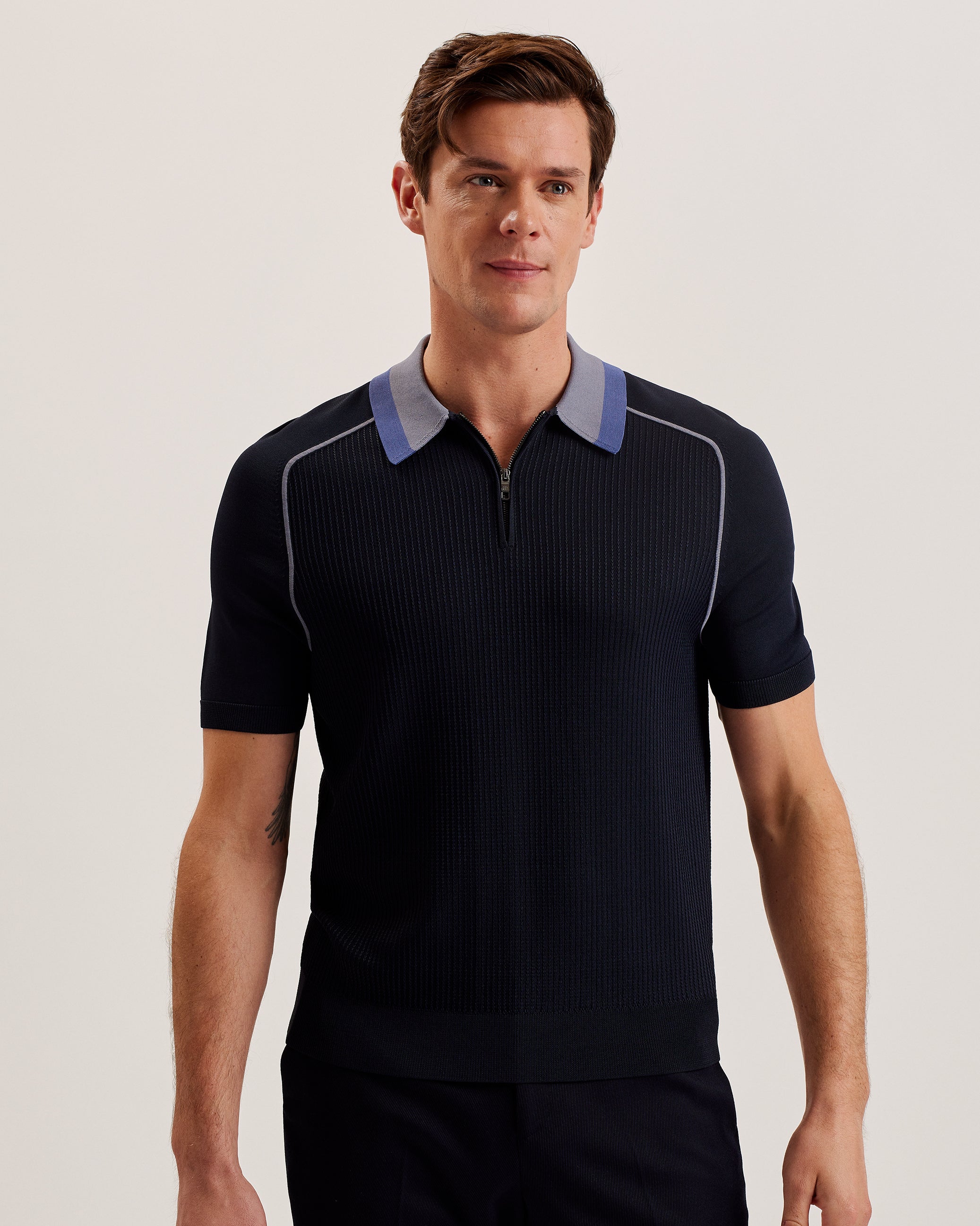 Men's Paxto-Ss Regular Textured Zip Polo Navy