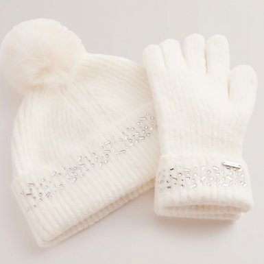 KERIIS: Rhinestone Knitted Hat and Gloves Set