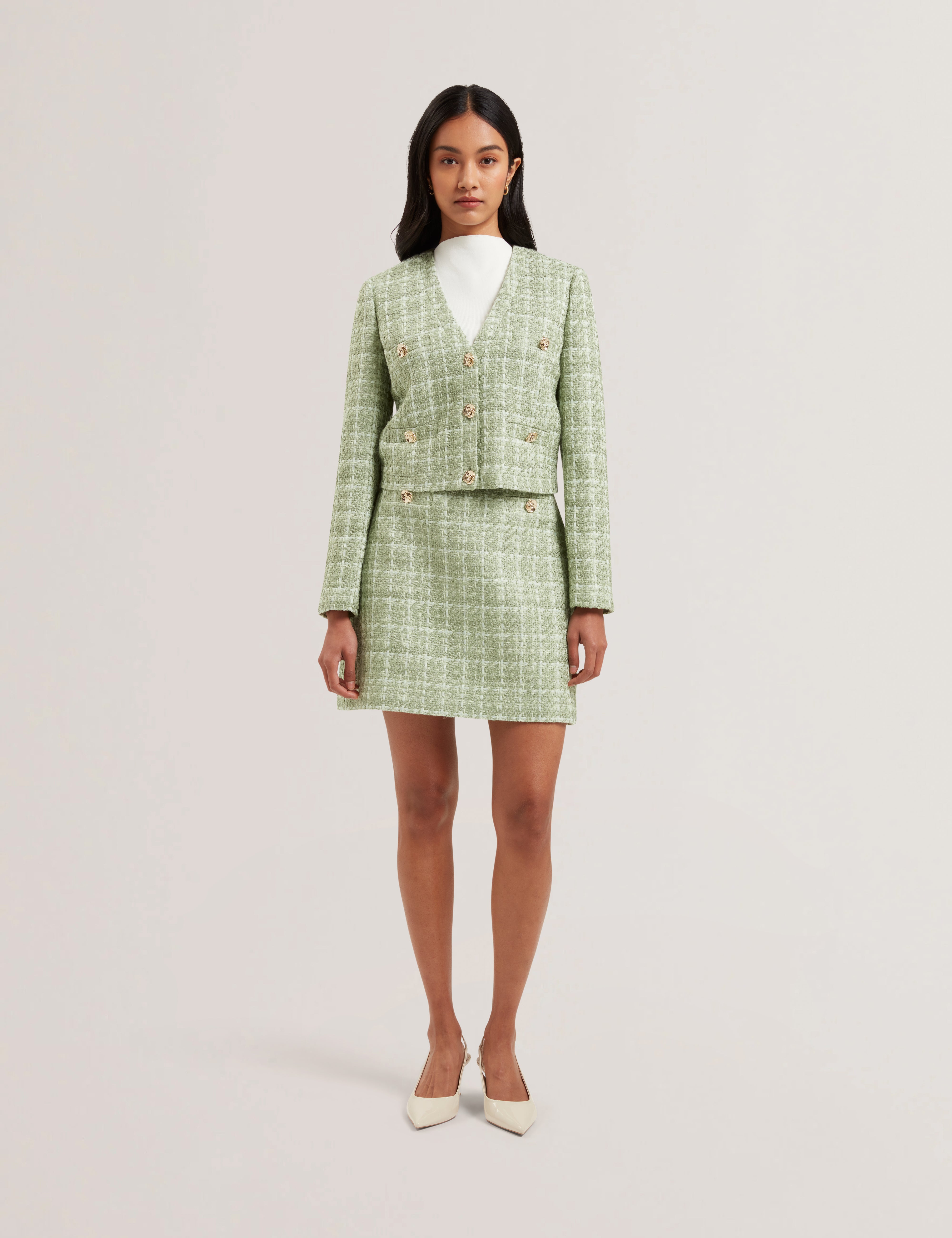 Women's KOMA-Rose Button Cropped Boucle Tailored Jack Lt-Green