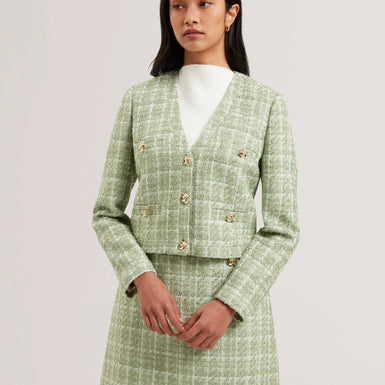 Women's KOMA-Rose Button Cropped Boucle Tailored Jack Lt-Green