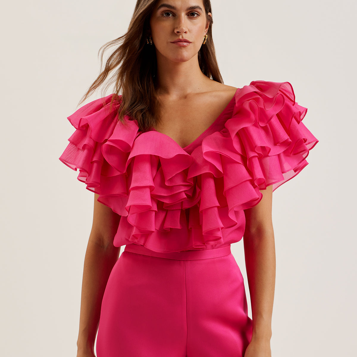 Women's Calonda-Oversized Ruffle V Neck Top Fuchsia – Poseidon Brands ...