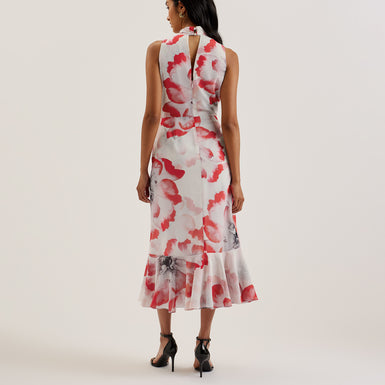 Women's Selino-Tie Neck Printed Midi Dress Ivory