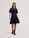 ALENHA: Knitted Angel Sleeve Mini Dress Navy