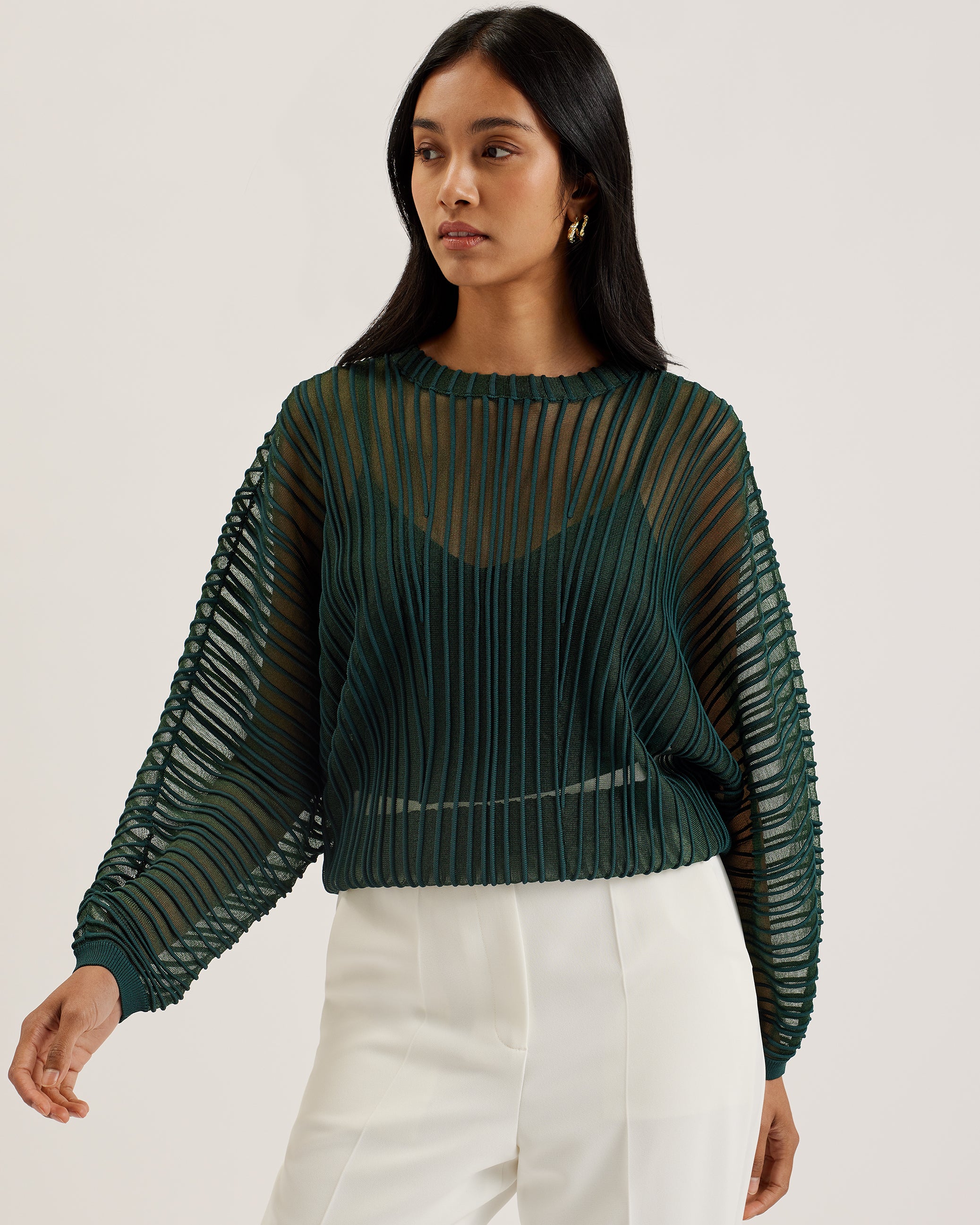 Women's Nellay-Sheer Striped Engineered Knit Sweater Dk-Green