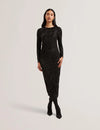 SHERLAY: Jacquard Bodycon Gathered Midi Dress