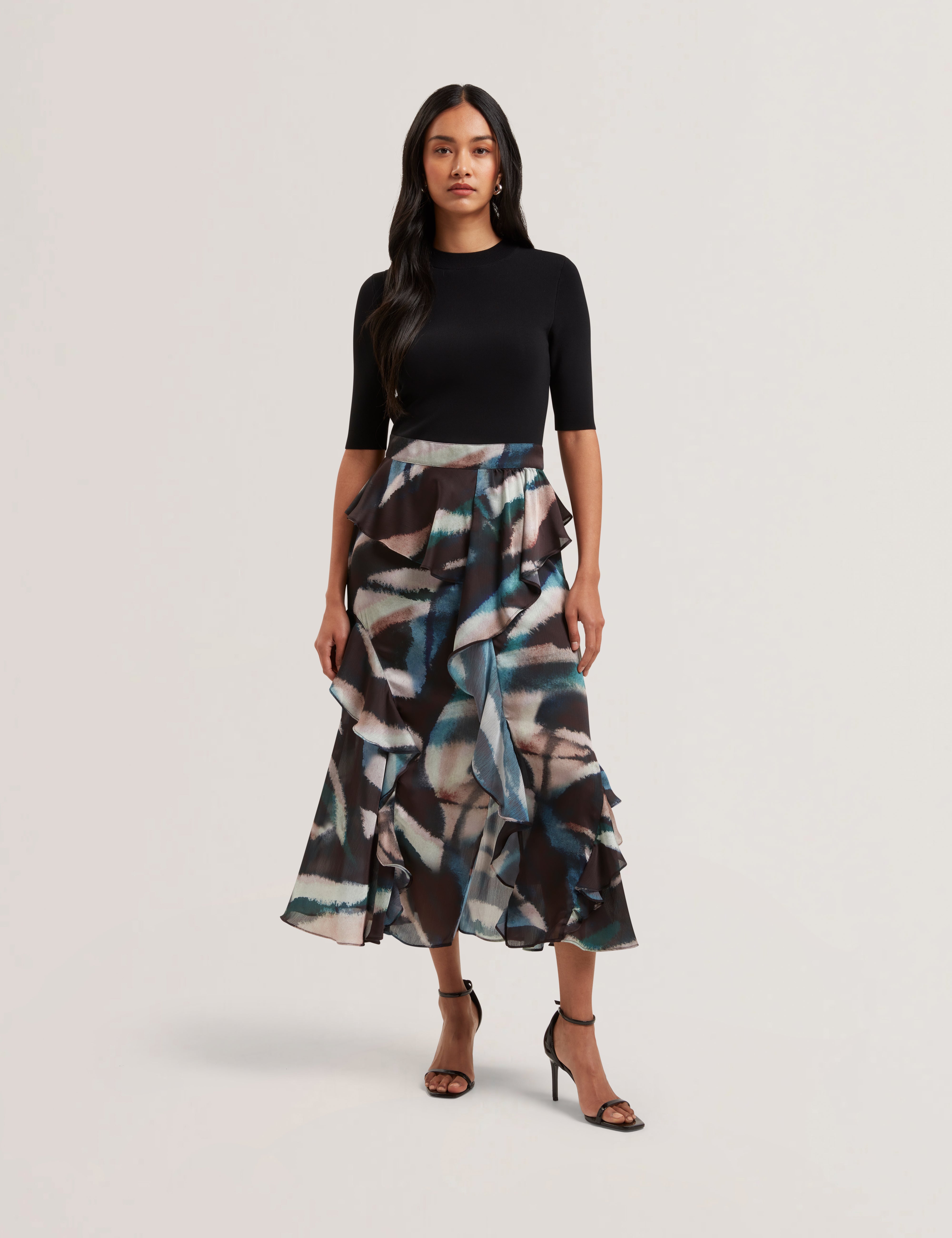 Women's AURELIO-Knit Bodice Printed Ruffle Dress