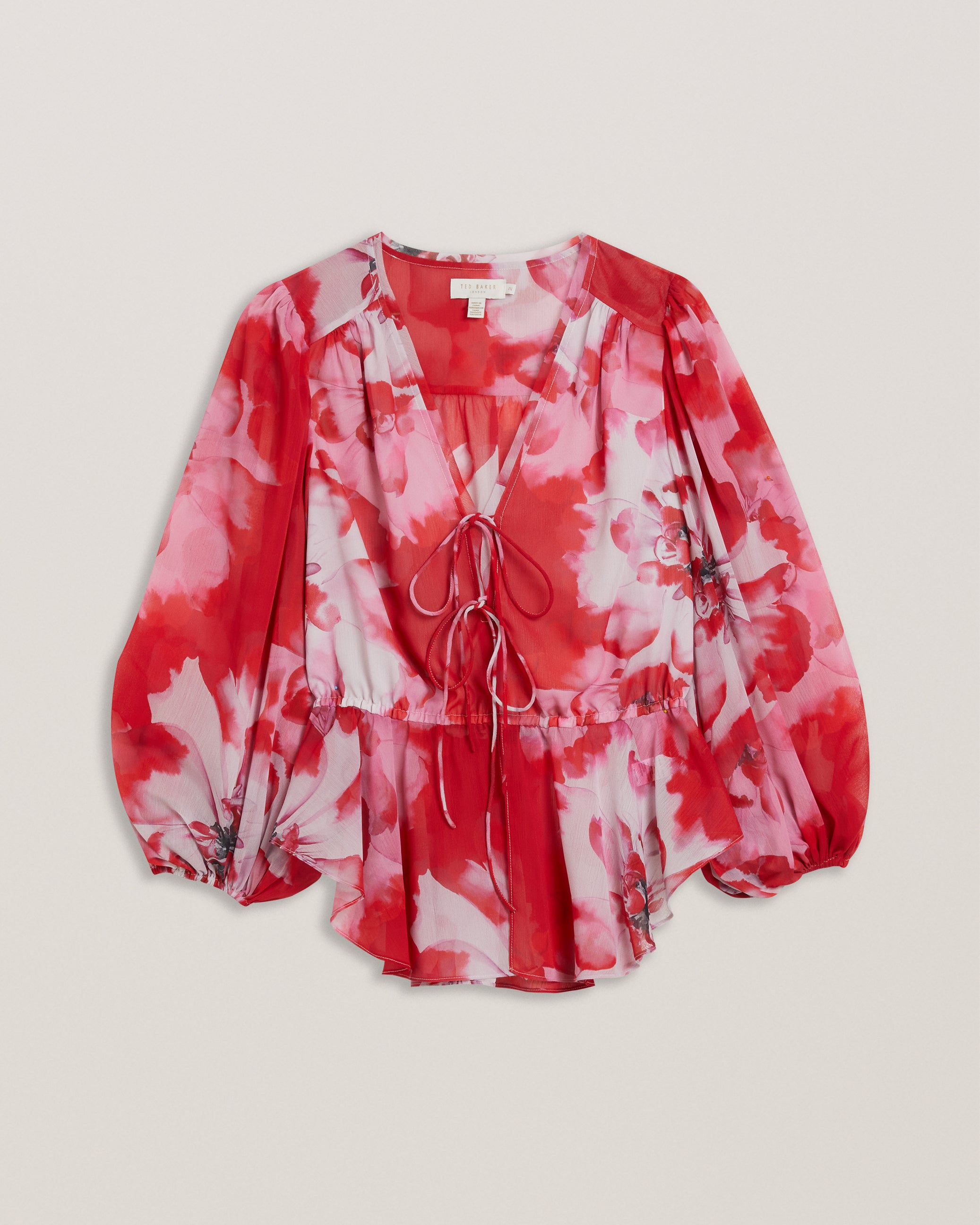 Women's Aleria-Printed Tie Front Balloon Sleeve Red