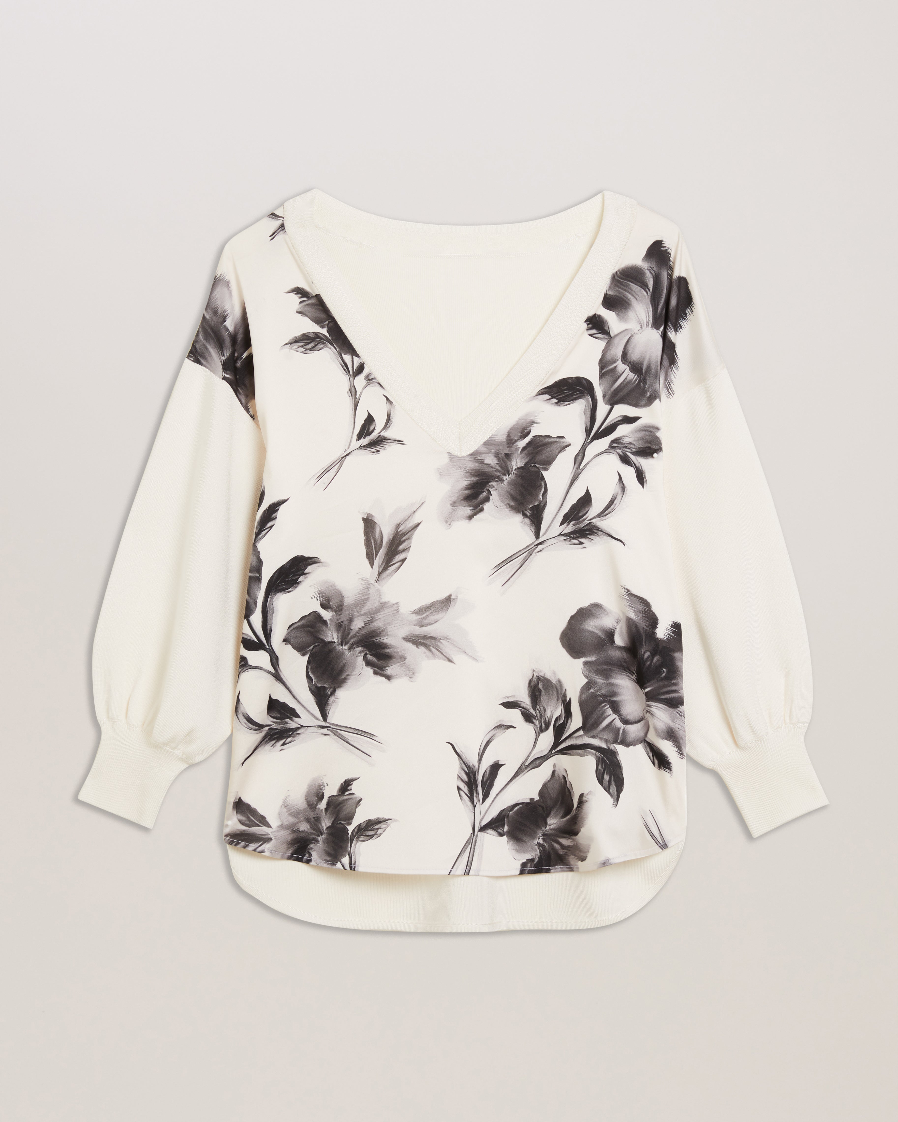 Women's Joiee-V Neck Printed Woven Front Jumper Ivory