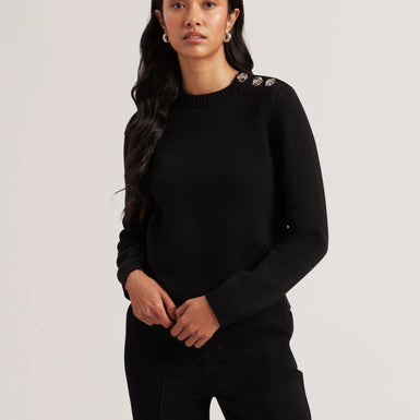 Women's Janha-Rose Button Crew Neck LS Sweater Black