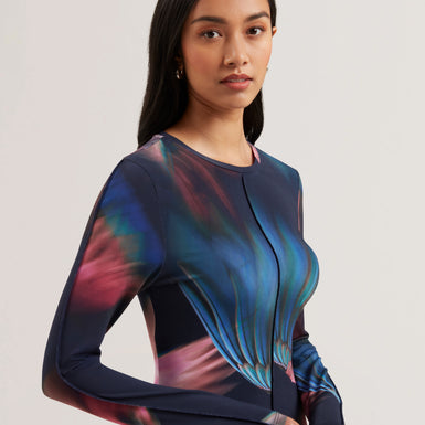 Women's GEORII-Printed Slinky Jersey Long Sleeve Midi Dress Navy