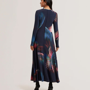 Women's GEORII-Printed Slinky Jersey Long Sleeve Midi Dress Navy