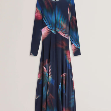 Women's GEORII-Printed Slinky Jersey Long Sleeve Midi Dress Navy