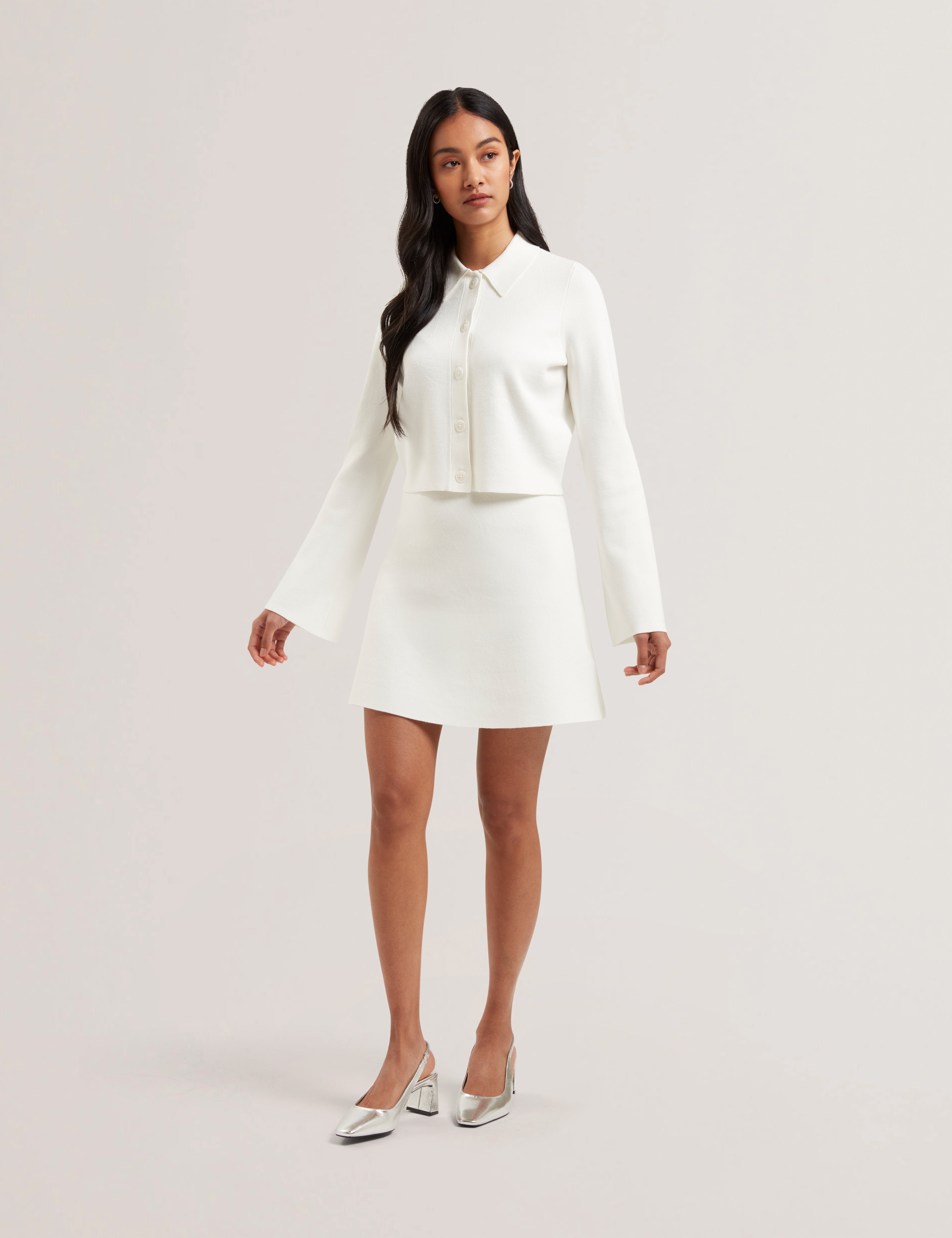 Women's AIMLLI-Knitted Jacquard Collared Cardigan Ivory