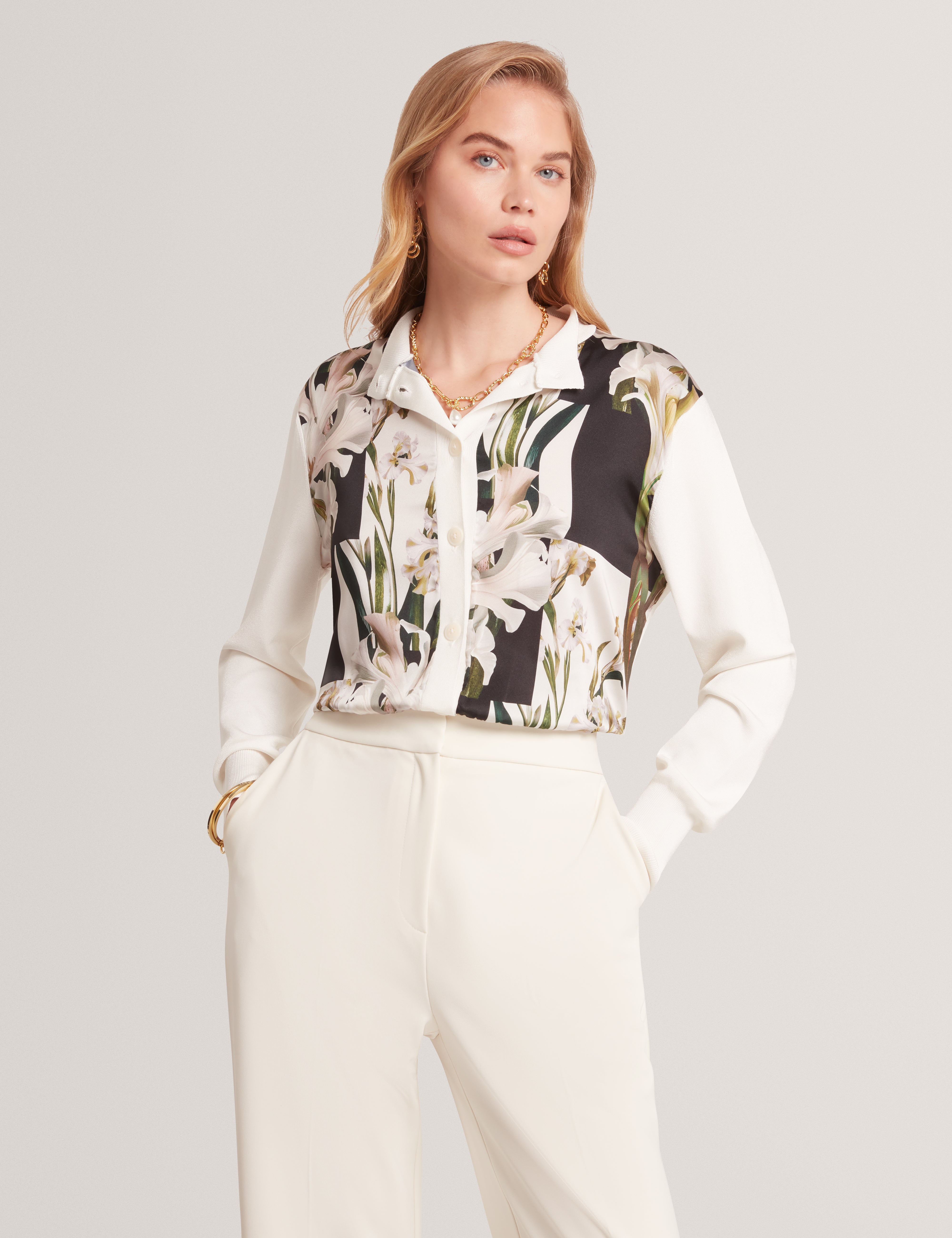 Women's BELVIAA-Printed Woven Front Cardigan