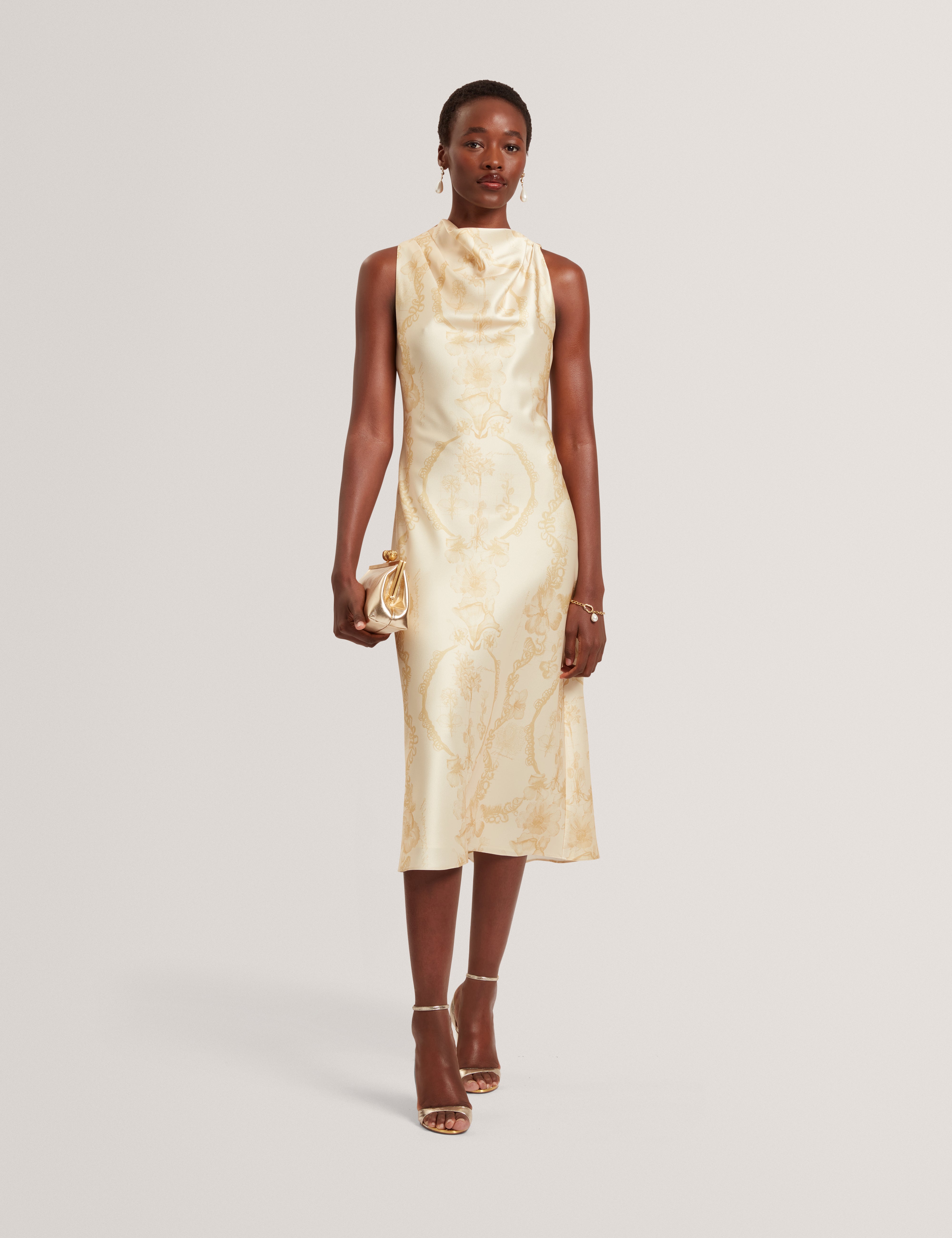 MELODA: Print Drape Neck Midi Dress