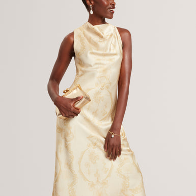 MELODA: Print Drape Neck Midi Dress