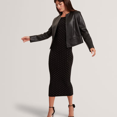 QUENTIA: Cropped Collarless Leather Jacket